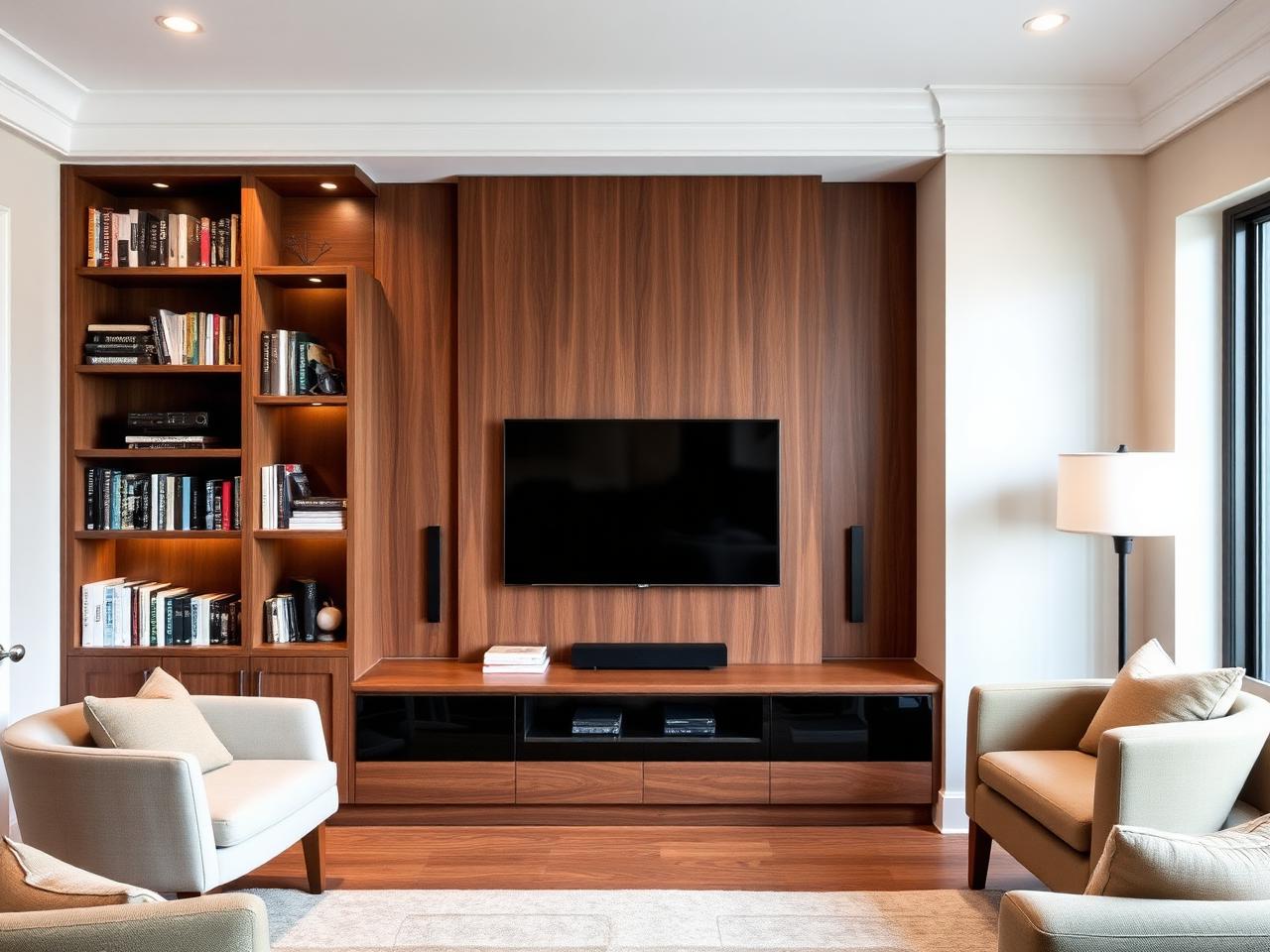 Mueble de salón a medida con estantería de nogal